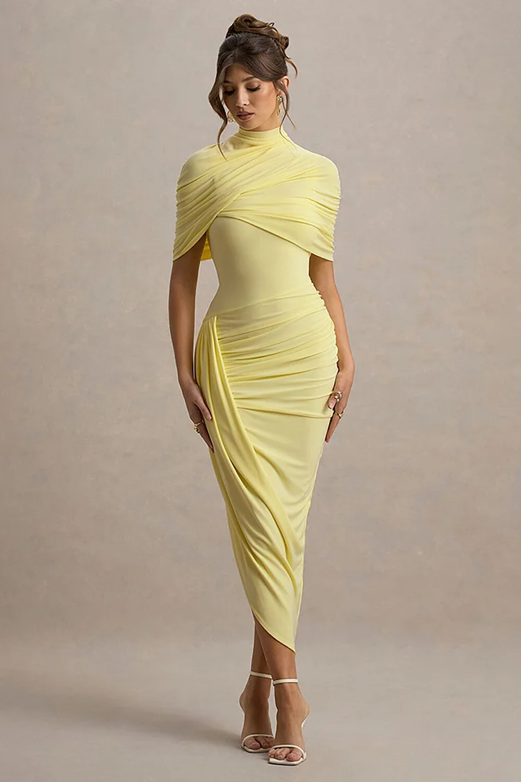 Ruched Stand Collar Shawl Irregular Midi Tank Dresses 2pcs Set-Yellow