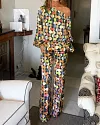 Polka Dot Print One Shoulder Long Sleeve Top & Pants Two Piece Set