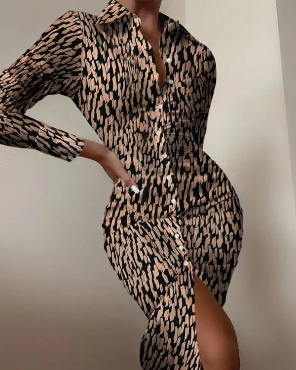 Women's shirt dress long sleeve sexy waist waist printed cardigan shirt