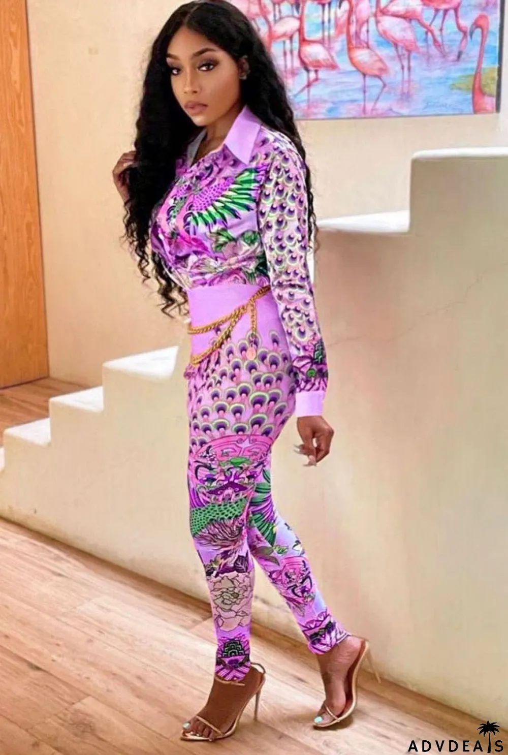 Autumn Print Retro Elegant Blouse and Pants Two Piece Set