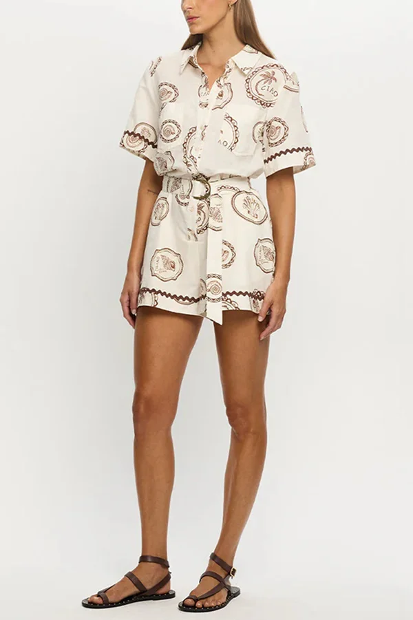 Resort Style Print Lapel Short Sleeves Casual Pocket Waist Tie Loose Rompers