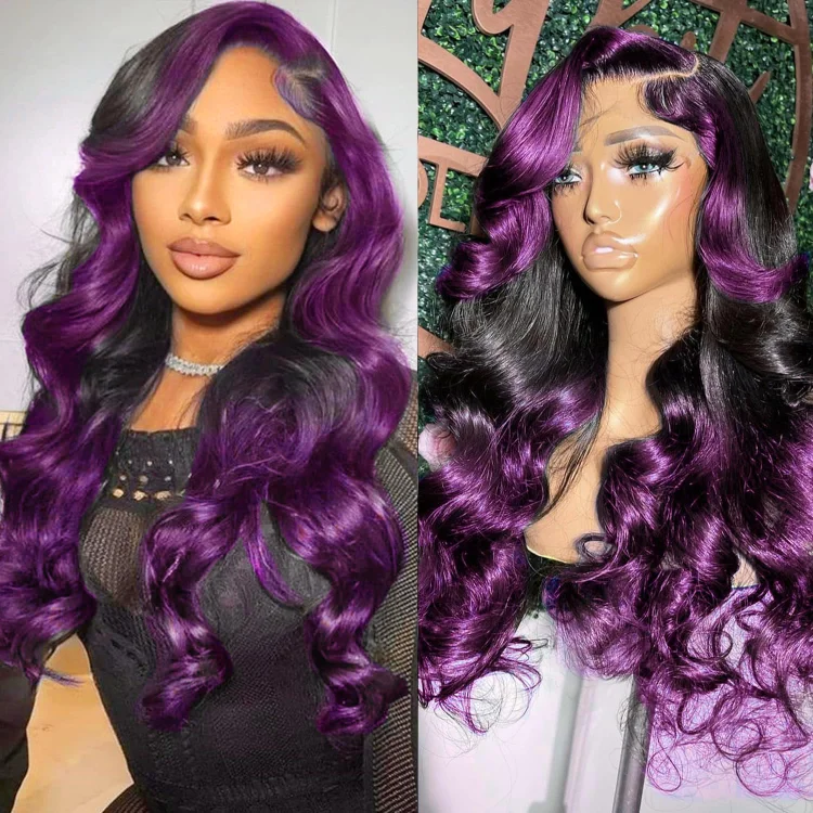 Skunk Stripe Lace Front Wig Human Hair Body Wave Highlights Purple Lace Front Wig Human Hair 13x4 Ombre Dark Burgundy HD Lace Front Wigs