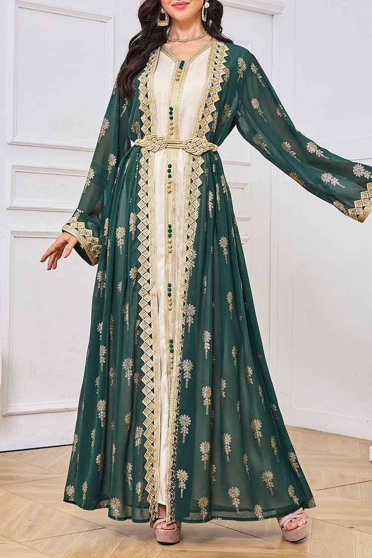Geometric Embroidery Floral Print Abaya Sleeveless Maxi Dresses Matching Set