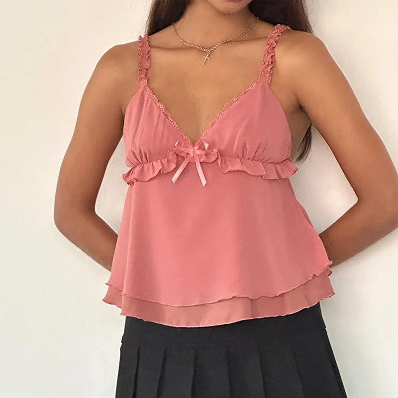 Spaghetti Strap Chiffon Vest Bow Front Ruffled Camisole Women Sweet Crop Tops