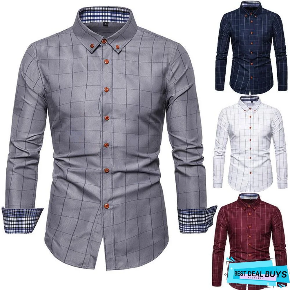 Spring/Autumn Mens Long Sleeve Plaid Cotton Shirts