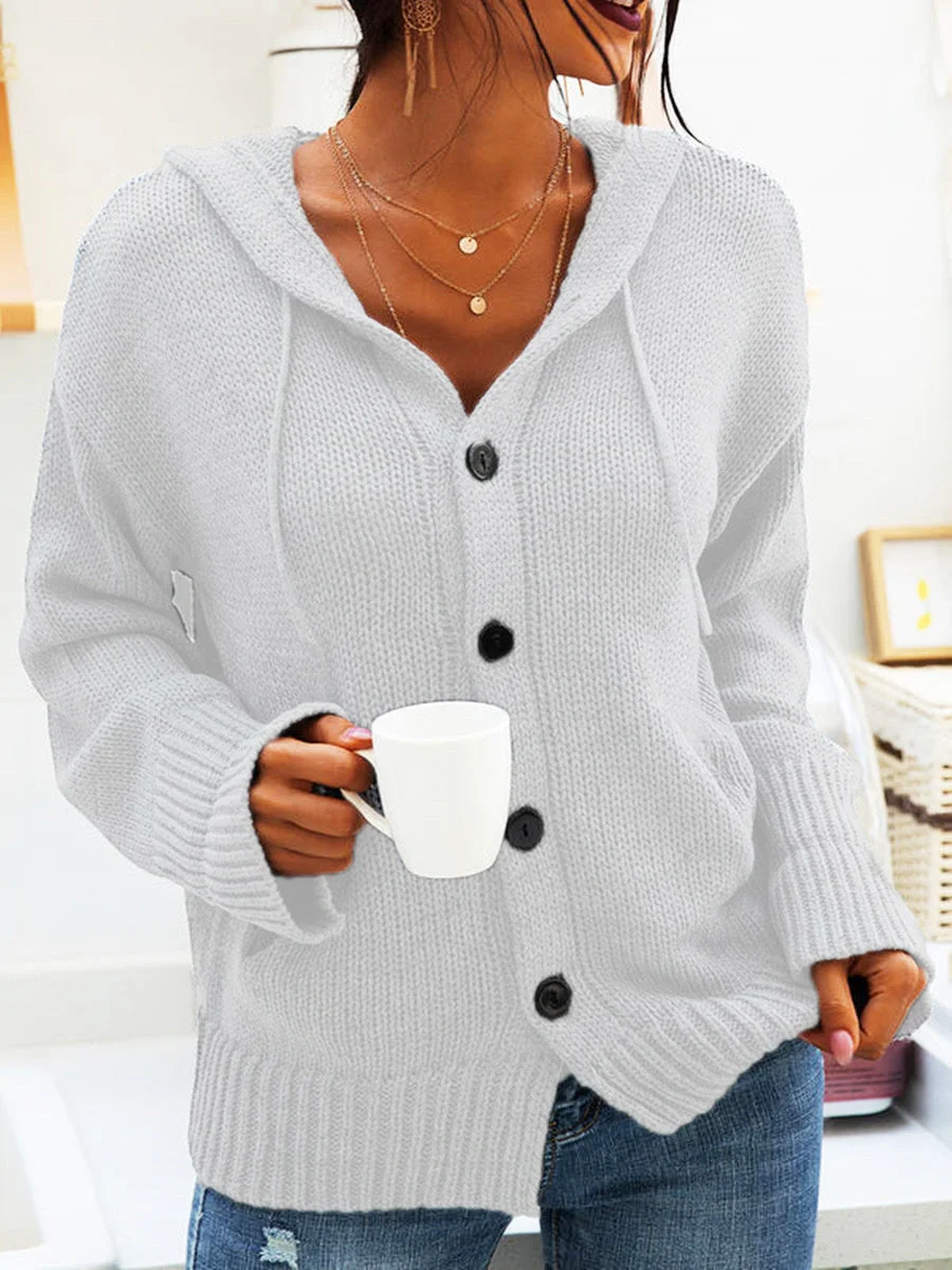 Women plus size clothing Women's Solid Color Hoodie Buttons V-neck Long Sleeve Sweater Coat-Nordswear