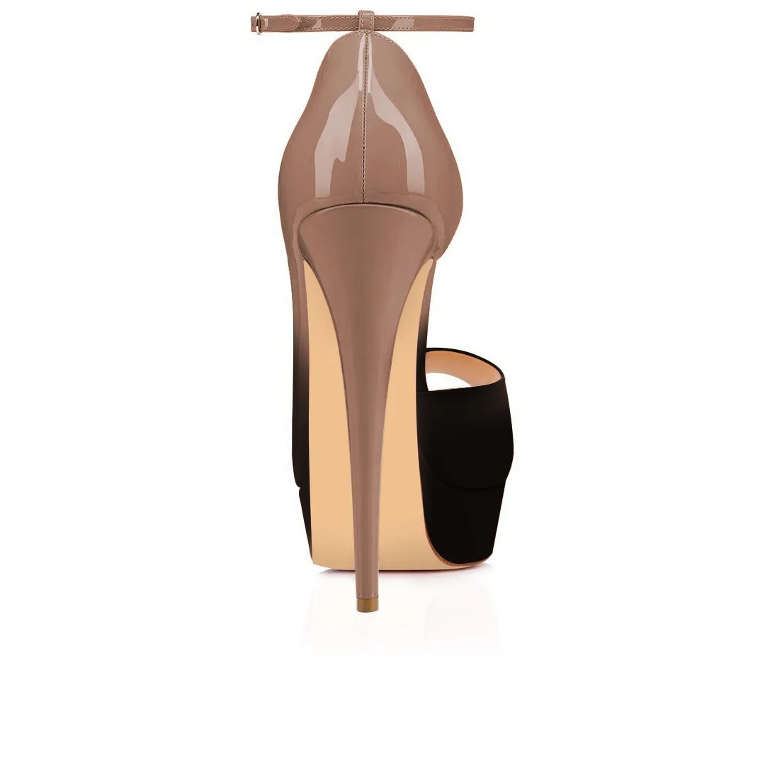 150mm Gradient Color Sky High Platform Ankle strap Pumps Nude Black Patent-vocosishoes