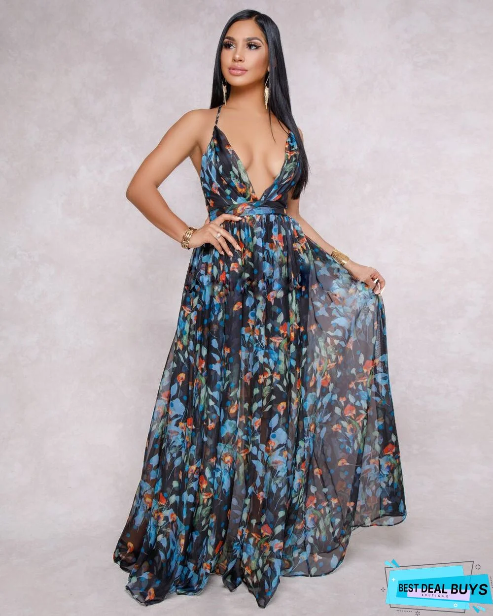 Popular European and American Deep V-Neck Open Back Chiffon Dress