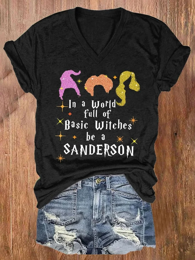 V-neck Halloween Witch Sisters Print T-Shirt