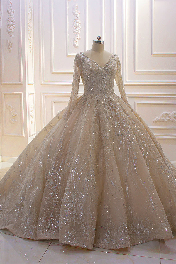 Pretty Long Sleeves V-Neck Ball Gown Wedding Dress With Sequins Beading Ruffles - lulusllly