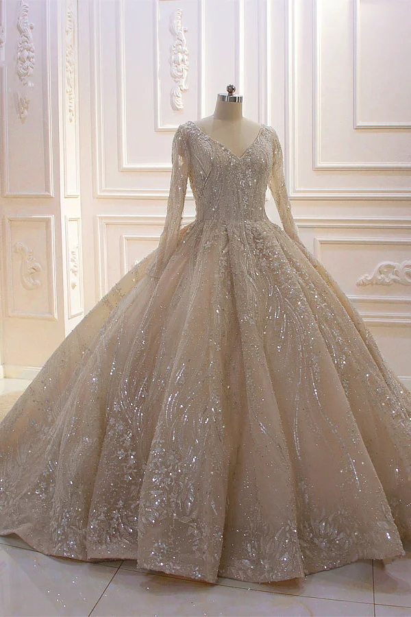 Long Sleeves V-neck Ball Gown Wedding Dress With Sequins Beading Ruffles