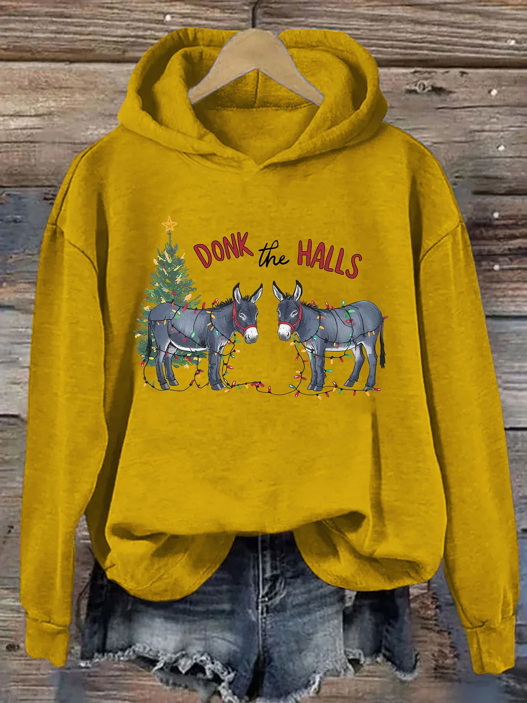 Funny Christmas Donkeys Tangled In Christmas Lights Hoodie