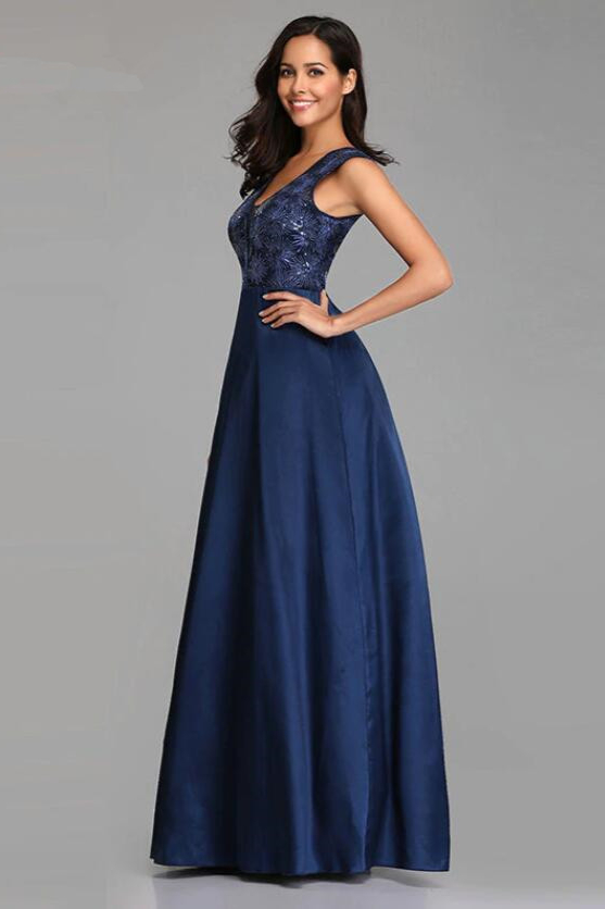 Eleagnt Navy Blue Evening Party Gowns Long Sleeveless Sequins Prom Dress