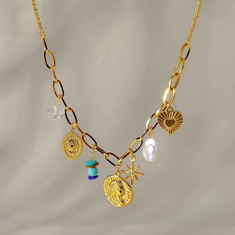 Elegant Classic Style Animal Star Heart Shape 304 Stainless Steel Pearl Beaded Inlay Multi Charms Necklace