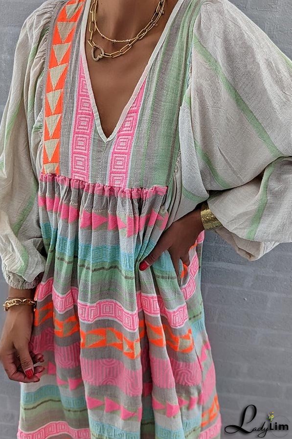 Pink Greek Key and Orange Chain Striped Print Midi Dress