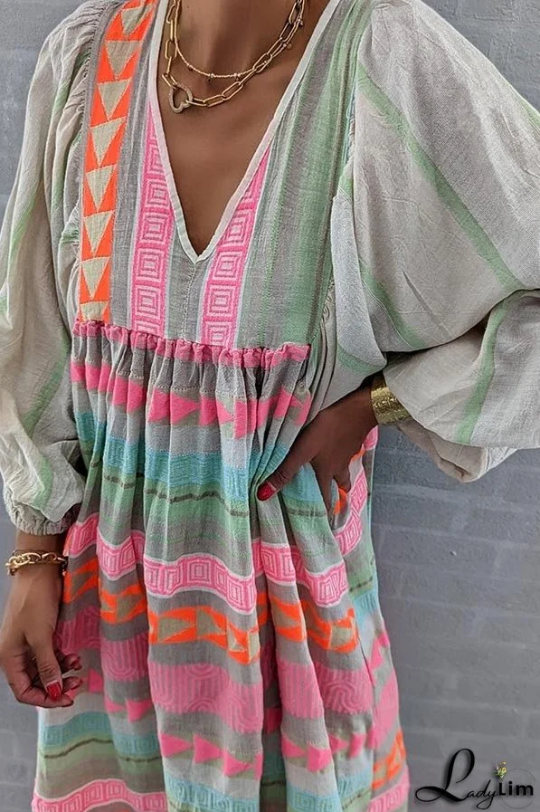 Pink Greek Key and Orange Chain Striped Print Midi Dress