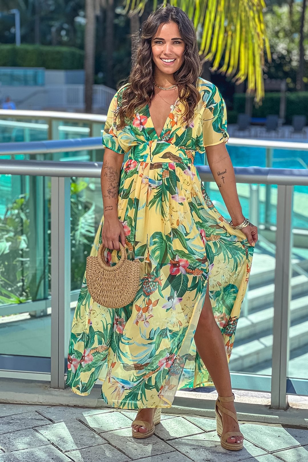 Yellow Floral V-Neck Dress With Slits