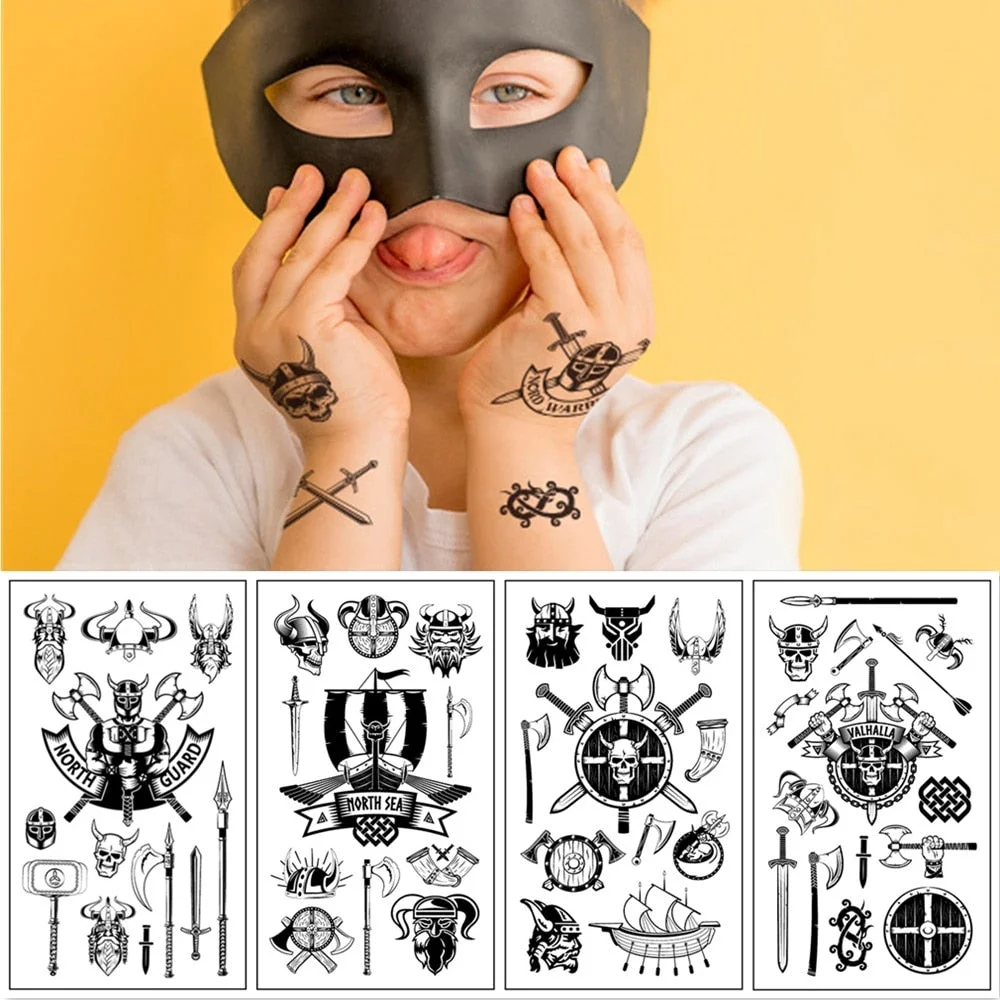 10pcs/set Black Vikings Pirates Temporary Tattoo Children Makeup Boy Body Sticker Disposable tatouage temporaire Gift For Kids