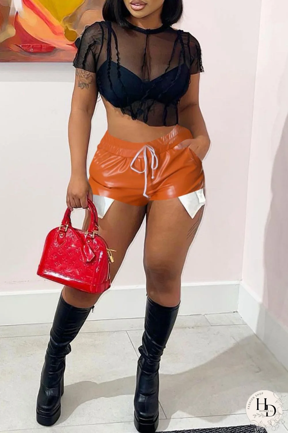 Yellow Sexy Solid Patchwork Regular High Waist Conventional Solid Color Shorts