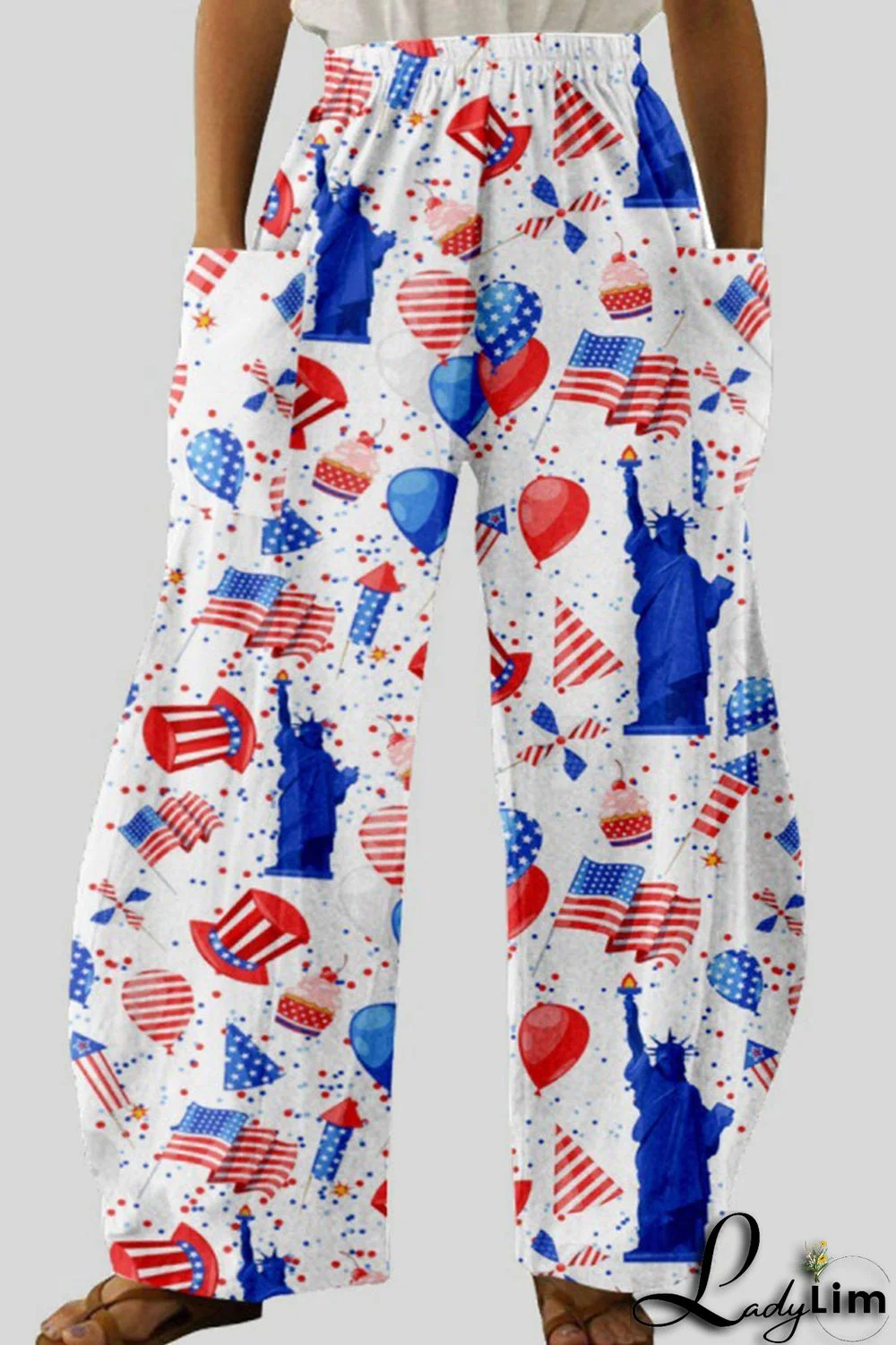 White Casual Print Patchwork Pocket High Waist Straight Full Print Bottoms