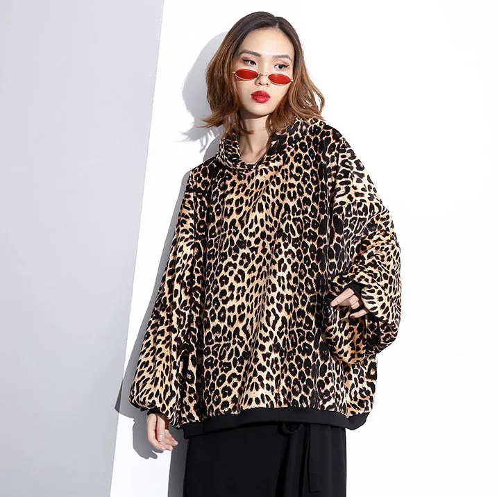 fashion Leopard t shirt Loose fitting hooded clothing tops fine Batwing Sleeve tops