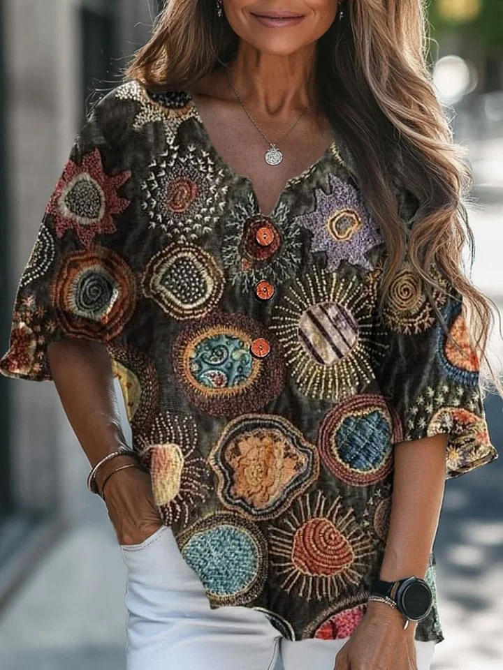 Embroidery Cell Pattern Printed Women's Casual Linen V-Neck Shirt