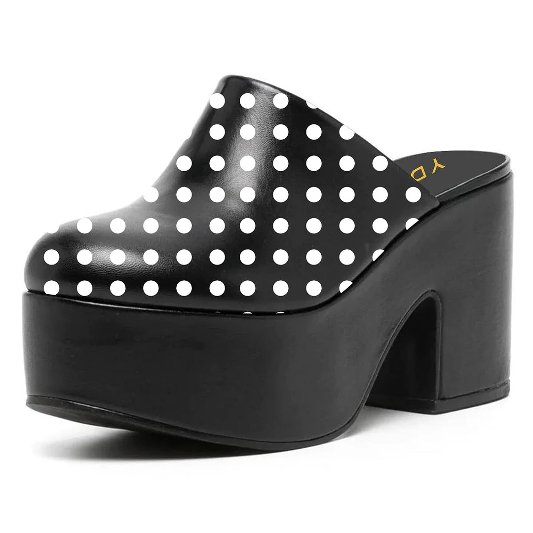 Black & White Round Toe Platform Polka Dot Block Heeled Mules