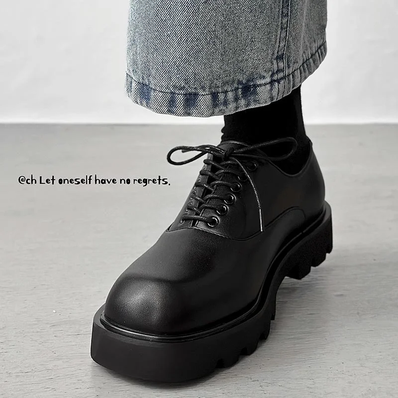 Tanguoant Tanguoant Head Leather Shoes Male Advanced Feeling Thick Sole Korean Version Niche Design Black Loafers Male Taller Derby Shoes 15961