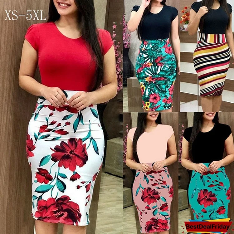 New women's fashion Summer European and American color matching flowers hip dress plus size Print Round Neck blouse