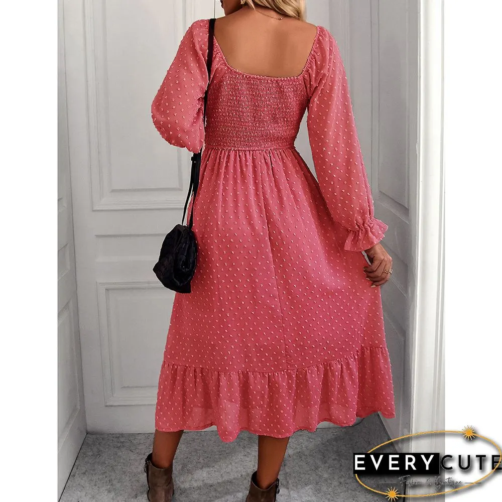 Watermelon Red Square Neck Pleated Swiss Dot Long Sleeve Dress