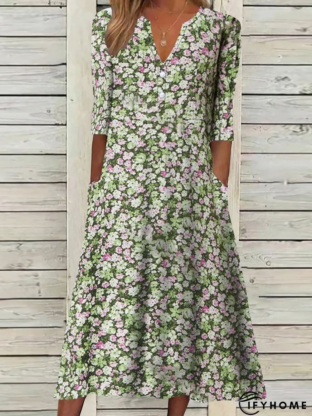 Floral Loosen V Neck Short Sleeve Woven Dress | IFYHOME