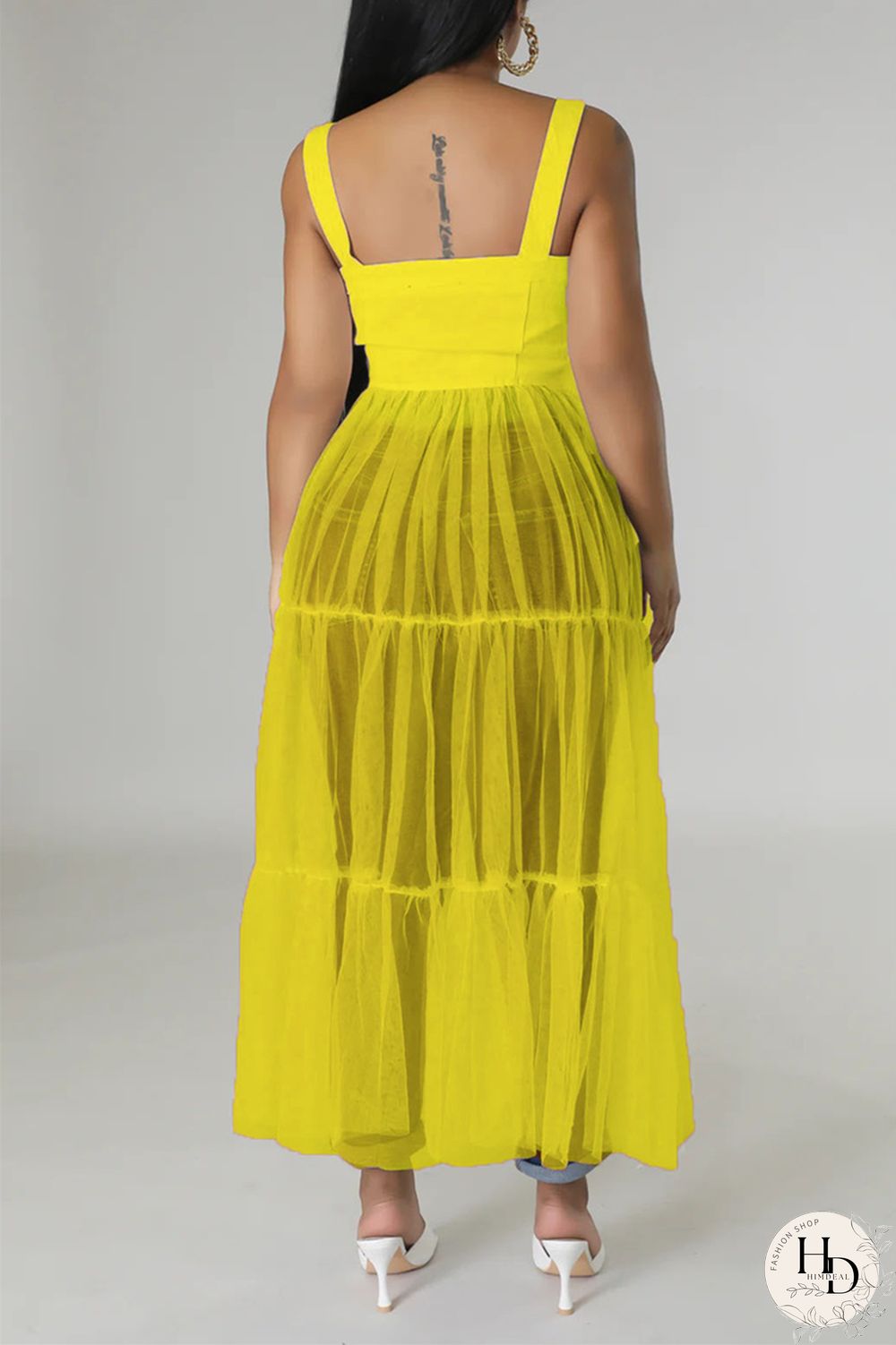 Yellow Casual Simplicity Solid Patchwork Fold Mesh Spaghetti Strap High Waist Tops