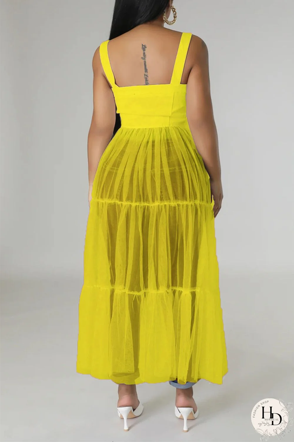 Yellow Casual Simplicity Solid Patchwork Fold Mesh Spaghetti Strap High Waist Tops