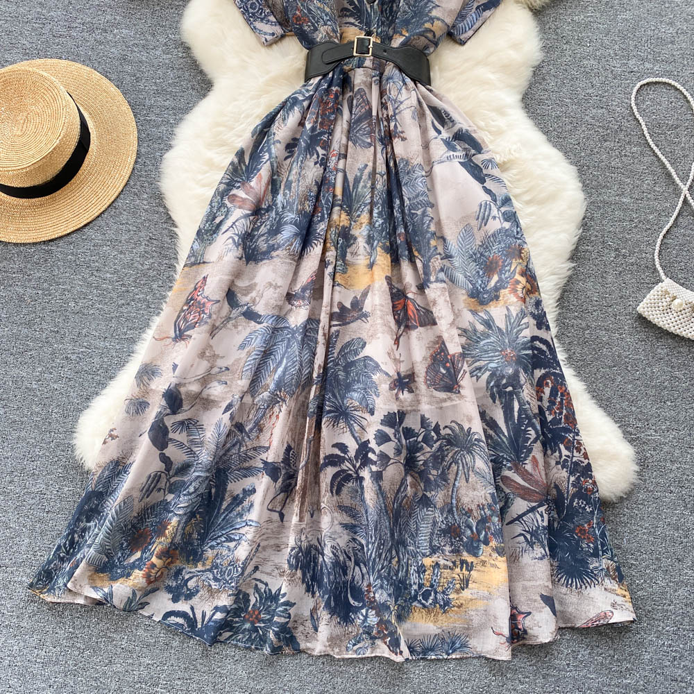 Women Vintage Party Dress Summer French Elegant Print Dress Ladies High Waist Retro Single Breasted Belt Casual Long Dress