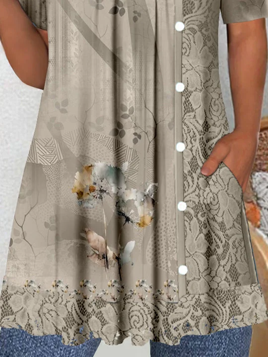 Women's Short Sleeve Scoop Neck Graphic Lace Tops