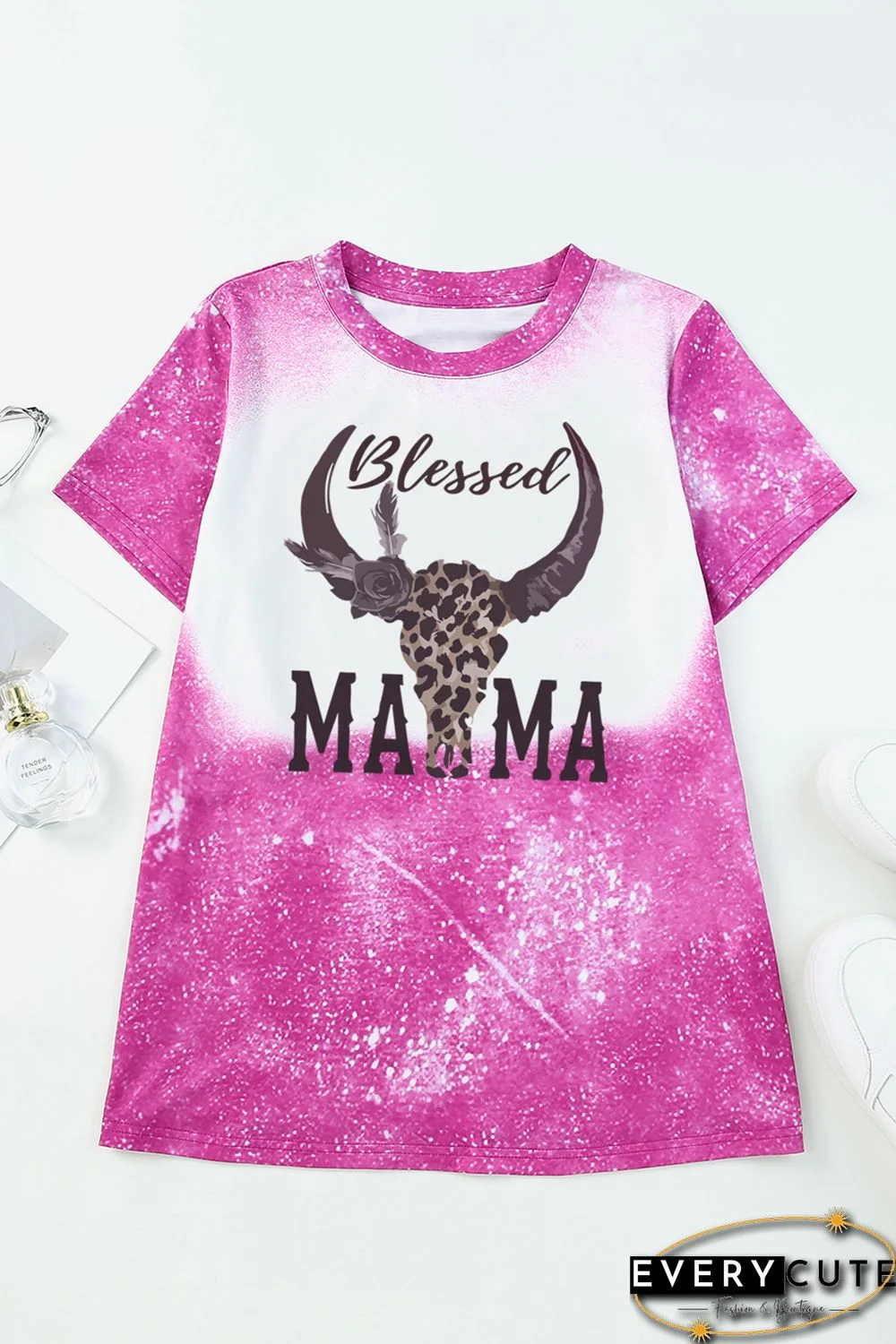 Rose Blessed MAMA Western Bull Graphic Bleached T Shirt