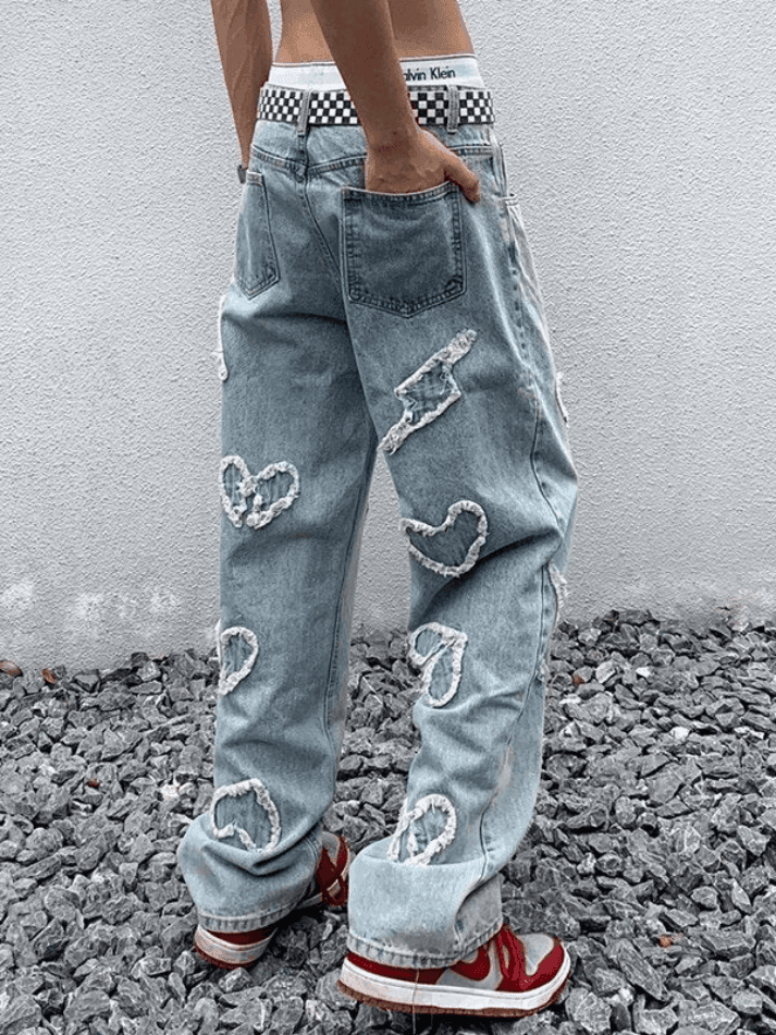 Brownm Men's Heart Patch Light Wash Loose Jeans