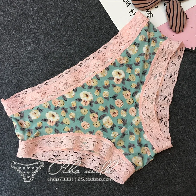 European Style Sexy Underwear Women's Ice Silk Printing Panties Fashion Lace Briefs Ladies Low Waist Underpants Female Lingerie