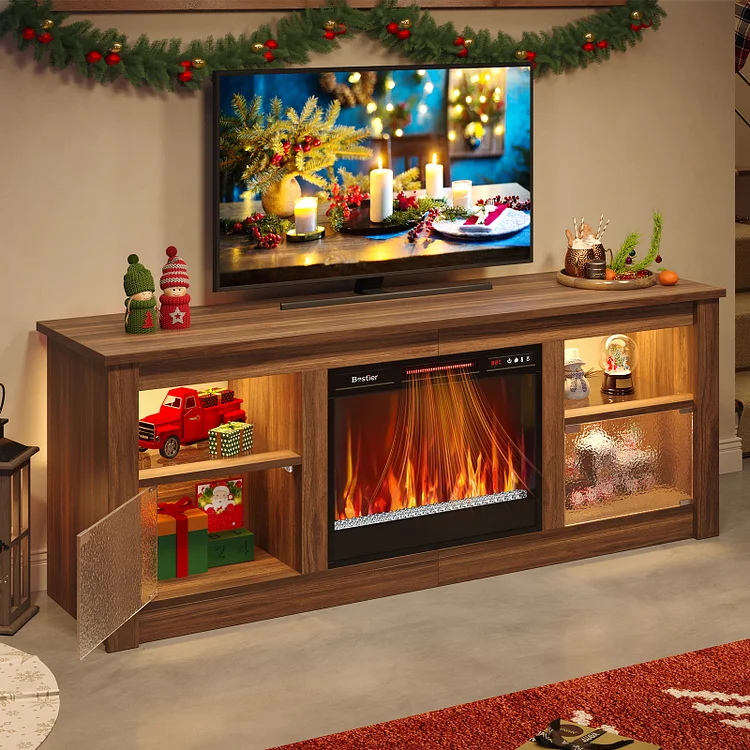 Bestier 63" Fireplace TV Stand for TVs Up to 70 inch, Entertainment Center with Electric Fireplace, Storage Cabinets, LED Lights, Open Shelves and Cable Holes, Media Console for Living Room, Walnut