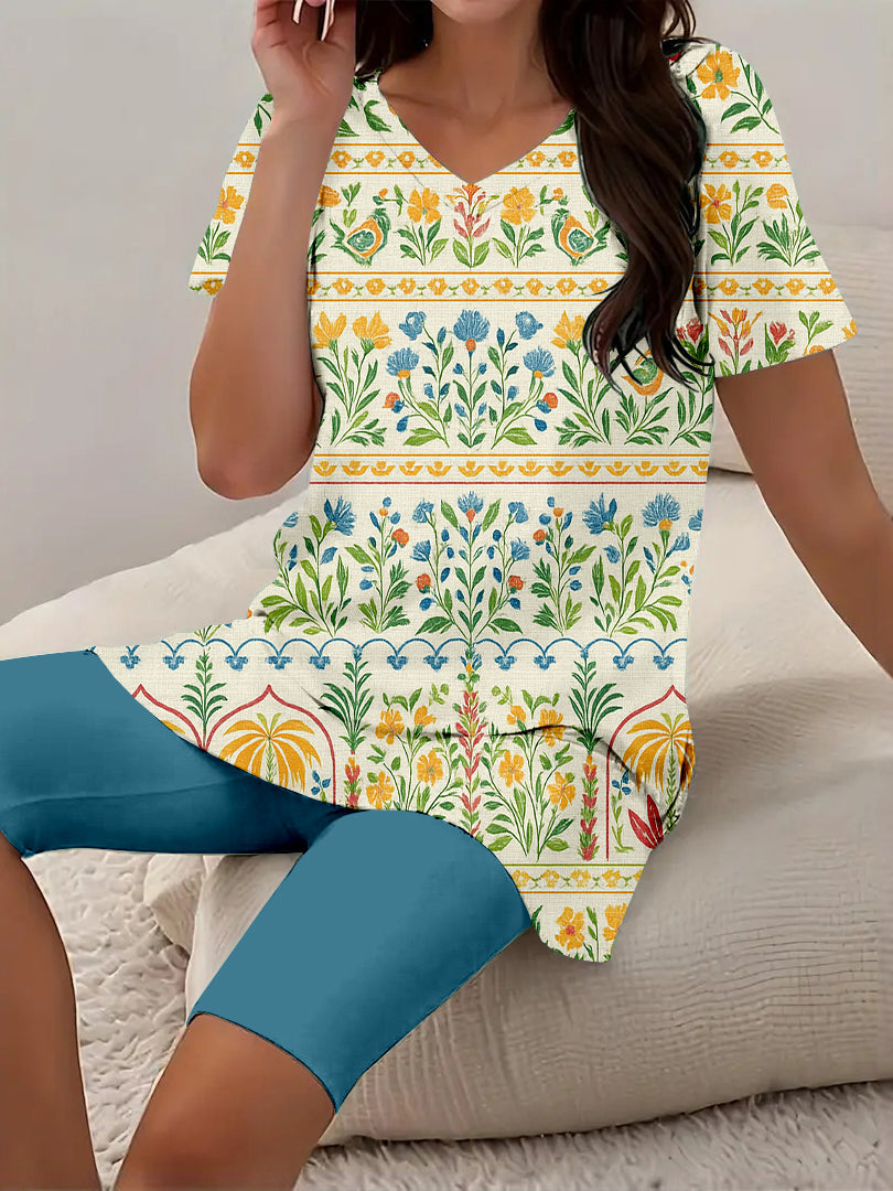 Women Long Sleeve V-neck Graphic Floral Printed Top