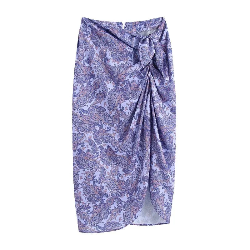 KPYTOMOA Women 2021 Chic Fashion With Knot Paisley Print Wrap Midi Skirt Vintage High Waist Back Zipper Female Skirts Mujer