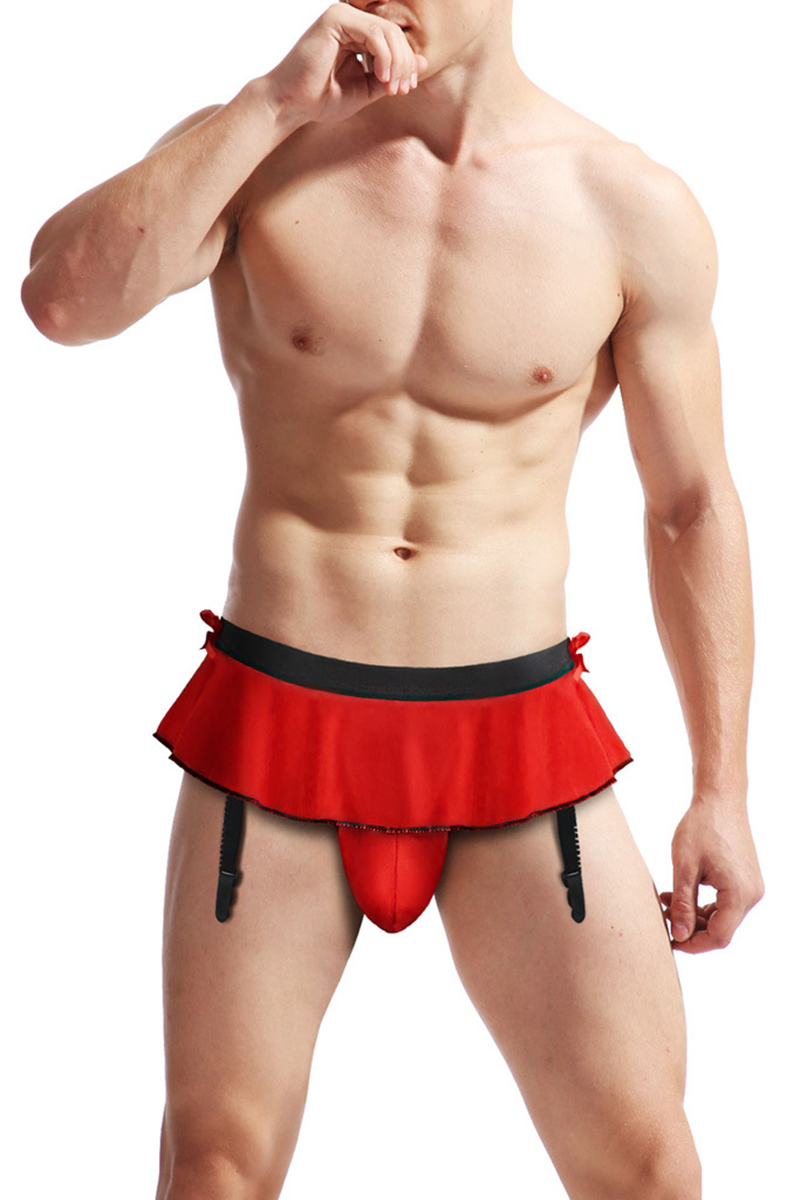 Men's Contrast Trim Peplum Suspender Sock Clip Thong G-String