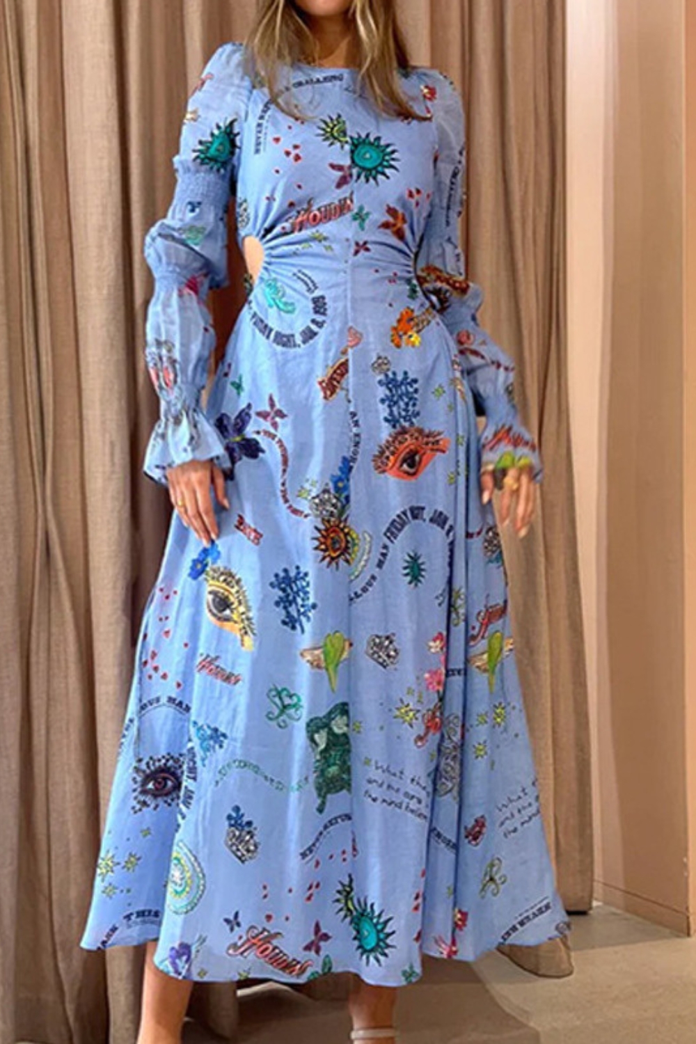 Fashion Ladies Elegant Printed Painted Lantern Sleeve Maxi Dress