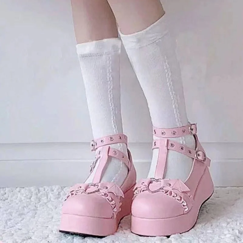 New Sweet Heart Buckle Wedges Mary Janes Women Pink T-Strap Chunky Platform Lolita Shoes Woman Punk Gothic Cosplay Shoes 43