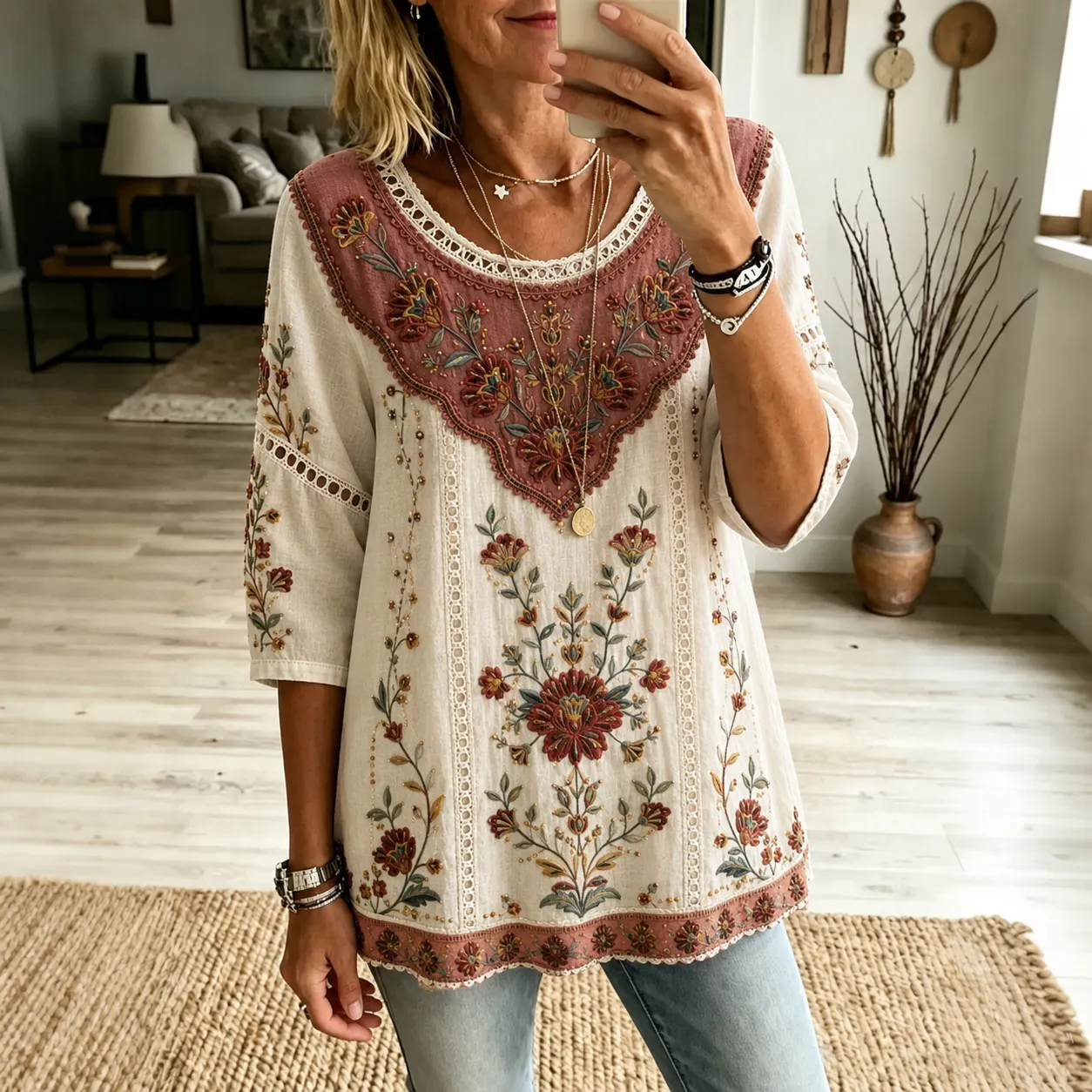 Comstylish Women's Vintage Floral Embroidery Art Pattern Linen Blend T-shirt