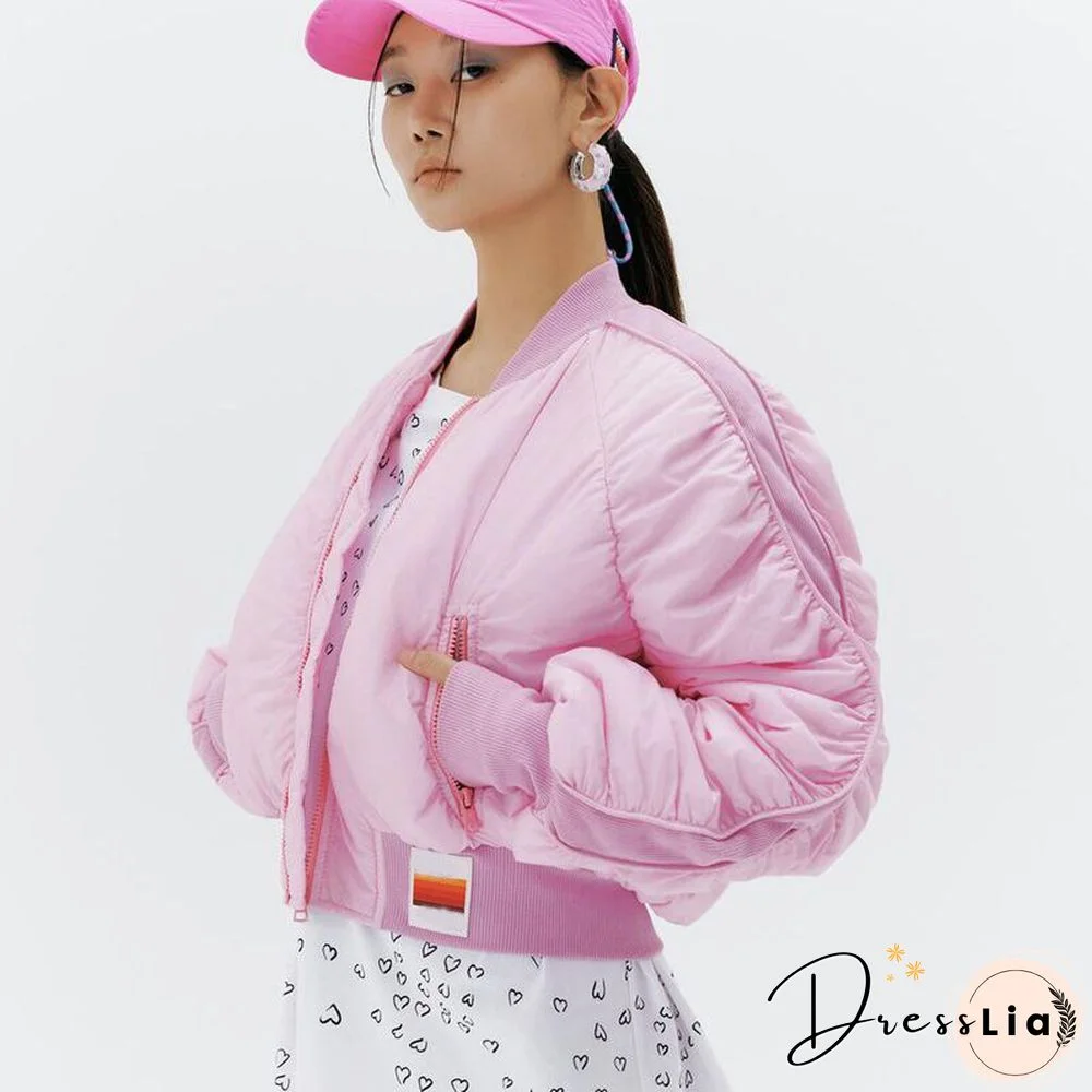 New Autumn Winter Women Pink Cropped Zipper Pockets Warm Fashion Parkas Baseball Jacket