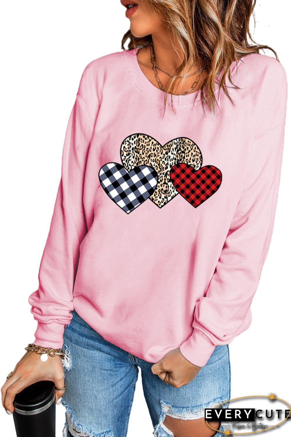Pink Plaid Leopard Hearts Print Drop Sleeve Pullover Sweatshirt