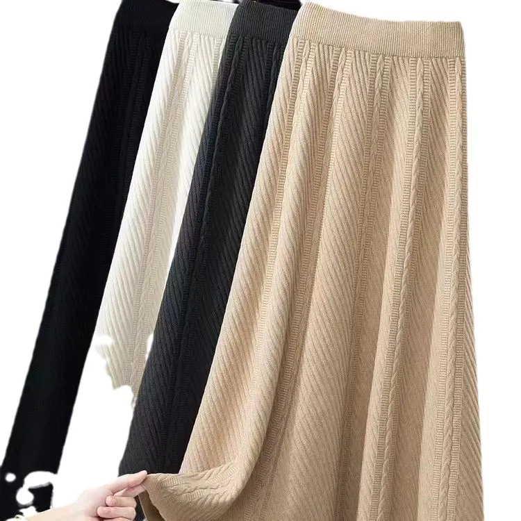 Churchf Churchf Autumn / Winter High Waist A Word Hip Blocking Skirt Shows Thin Skirt Pleated Umbrella Skirt Long Knit Skirt Woman