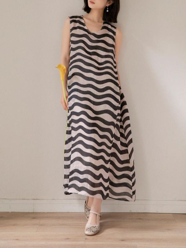 Ramie Striped Printing Light Cool V-Neck Sleeveless Double Midi Dress