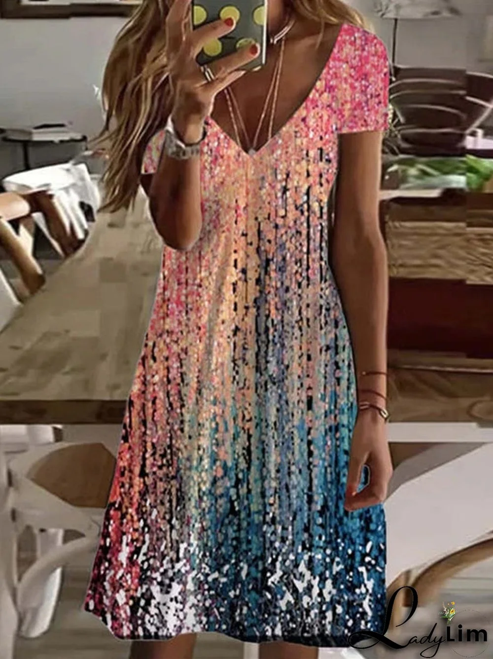 Comfy Short Sleeve Print V-Neck Mini Dress